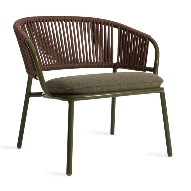 The Mate Outdoor Lounge Chair from Blu Dot with Toohey Olive upholstery from an angle.