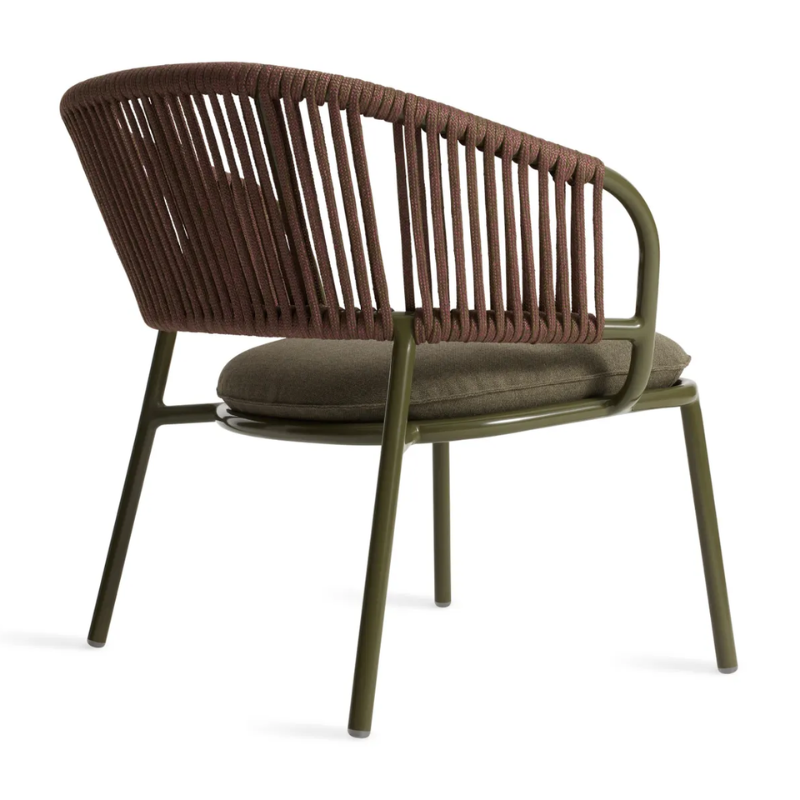 The Mate Outdoor Lounge Chair from Blu Dot with Toohey Olive upholstery from the back at an angle.