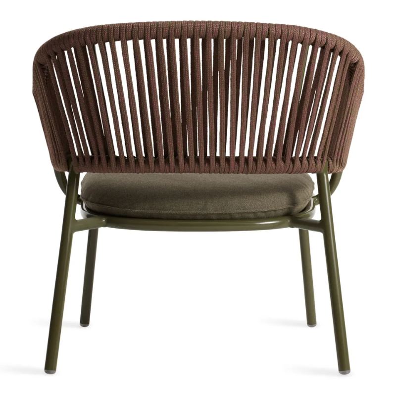The Mate Outdoor Lounge Chair from Blu Dot with Toohey Olive upholstery from the back.