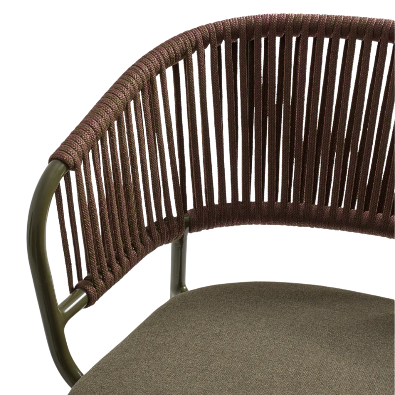 The Mate Outdoor Lounge Chair from Blu Dot with Toohey Olive upholstery close up.