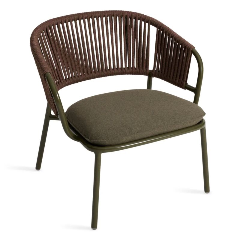 The Mate Outdoor Lounge Chair from Blu Dot with Toohey Olive upholstery from a high angle.