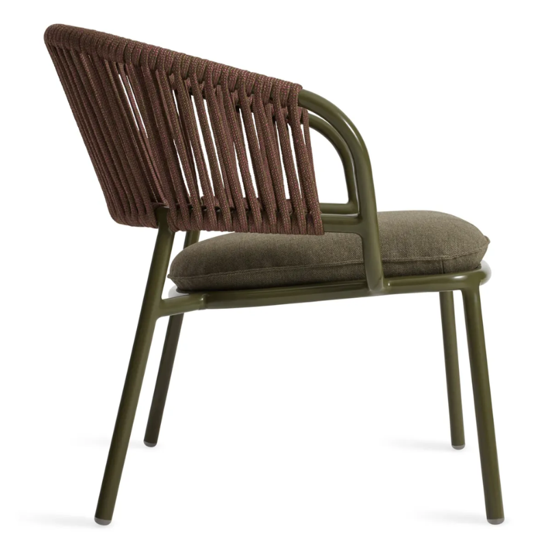 The Mate Outdoor Lounge Chair from Blu Dot with Toohey Olive upholstery from the side.