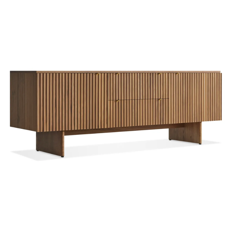 The Murmur 2 Door / 2 Drawer Console from Blu Dot in walnut from an angle.
