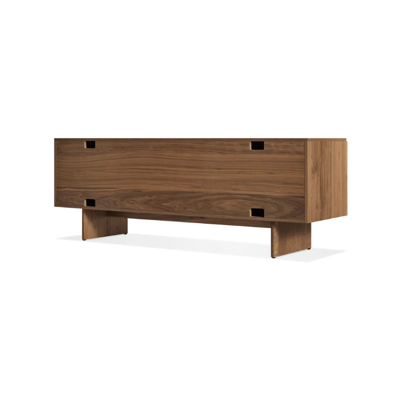 The Murmur 2 Door / 2 Drawer Console from Blu Dot in walnut from the back at an angle.