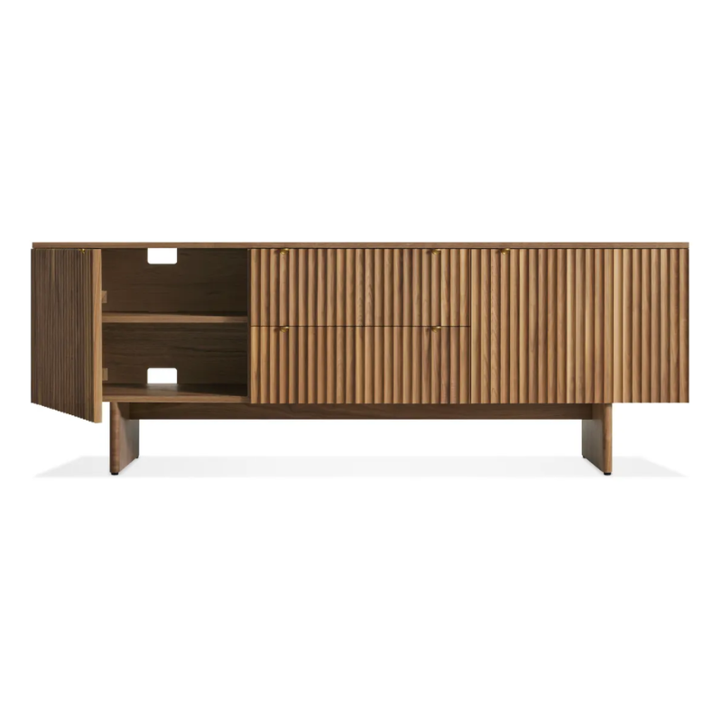 The Murmur 2 Door / 2 Drawer Console from Blu Dot in walnut with an open door.