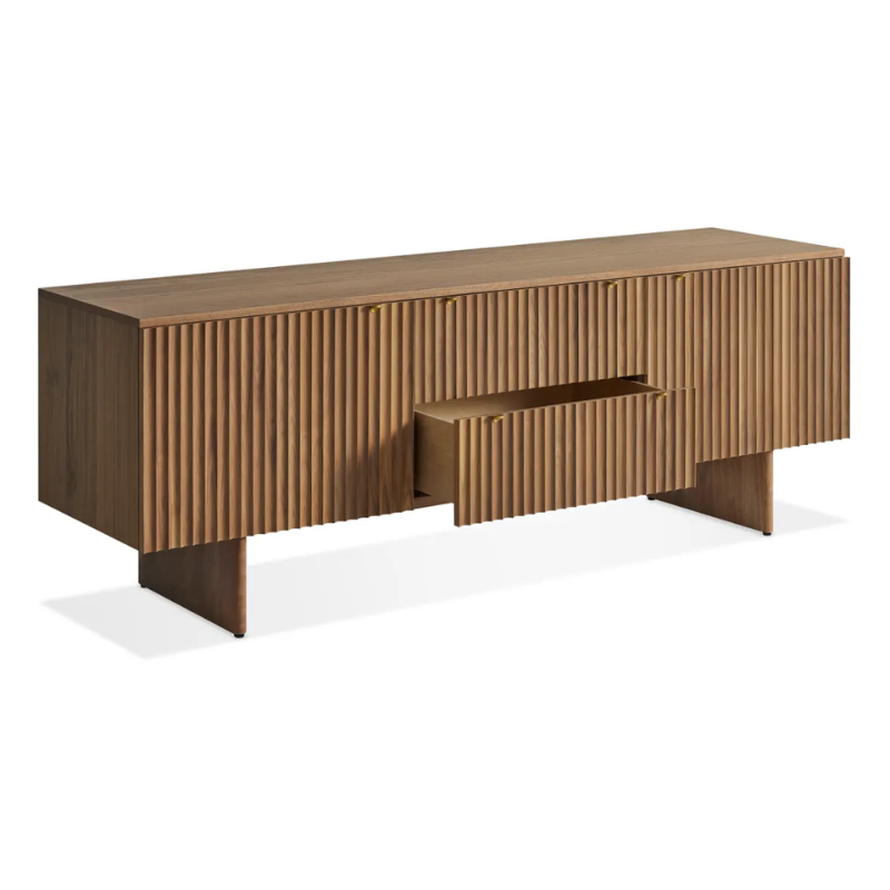 The Murmur 2 Door / 2 Drawer Console from Blu Dot in walnut with an open drawer from a top angle.
