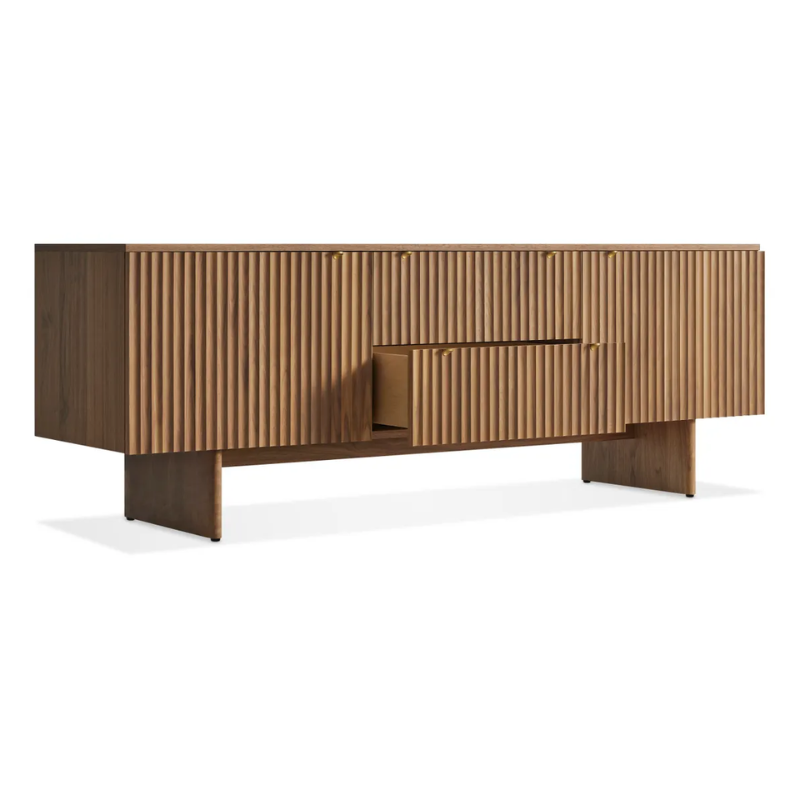 The Murmur 2 Door / 2 Drawer Console from Blu Dot in walnut with an open drawer.