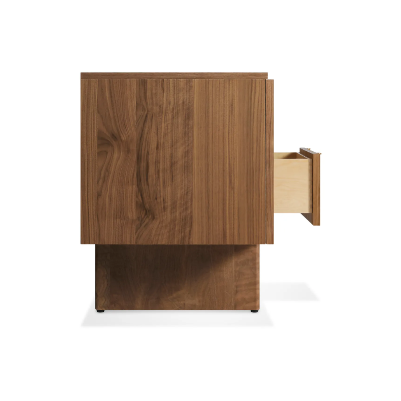 The Murmur 2 Door / 2 Drawer Console from Blu Dot in walnut from the side with an open drawer.
