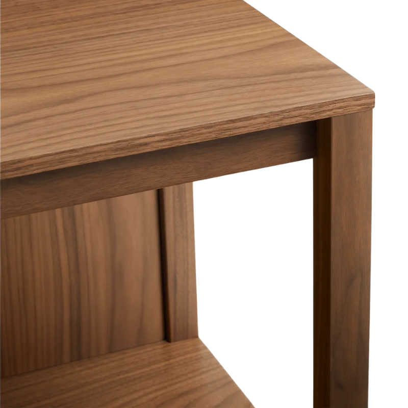 The Open Plan Bench from Blu Dot in walnut close up.