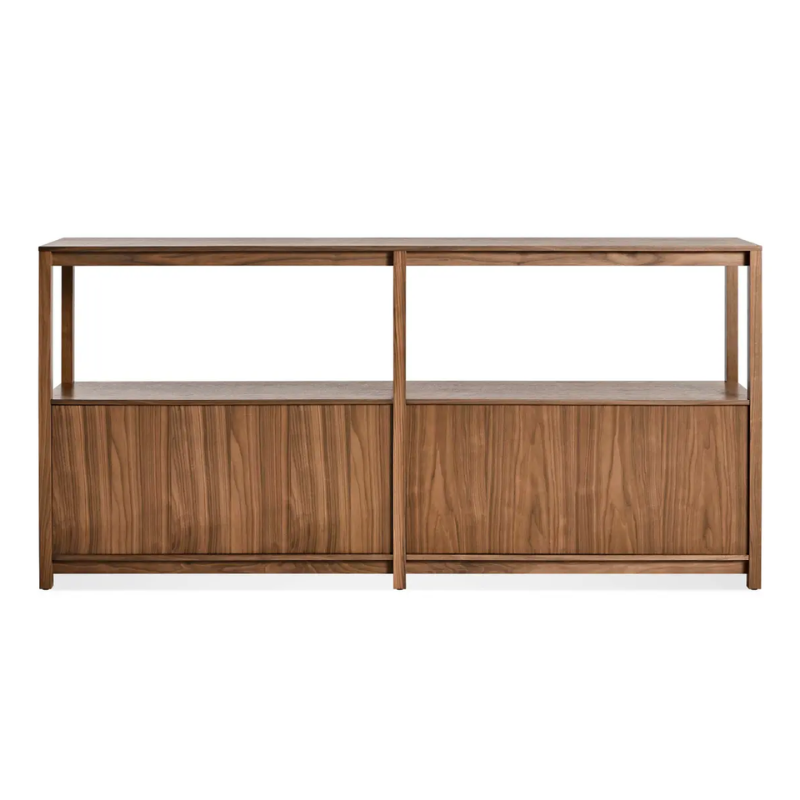 The Open Plan Large Low Bookcase with Storage from Blu Dot in walnut from the back.