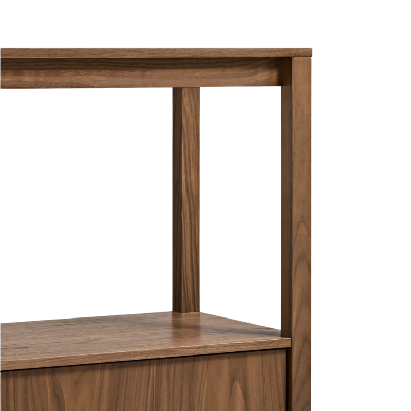 The Open Plan Large Low Bookcase with Storage from Blu Dot in walnut close up.