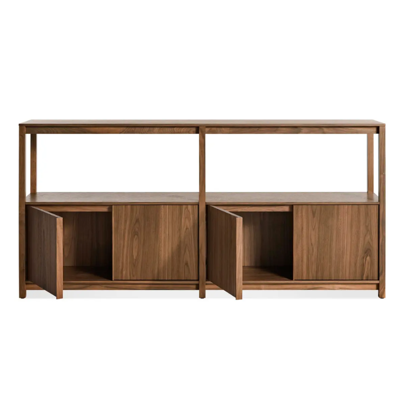 The Open Plan Large Low Bookcase with Storage from Blu Dot in walnut with open doors.
