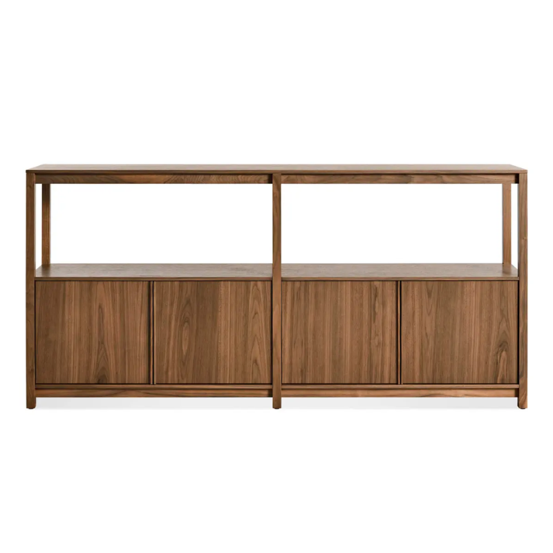 The Open Plan Large Low Bookcase with Storage from Blu Dot in walnut.