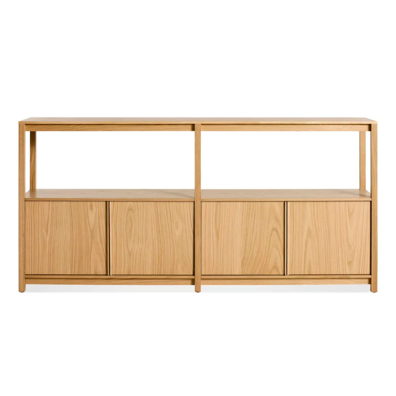 The Open Plan Large Low Bookcase with Storage from Blu Dot in white oak.