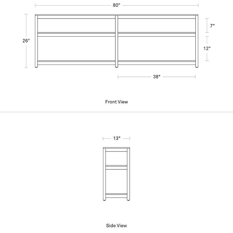 The Open Plan Long and Low Bookcase from Blu Dot dimensions.