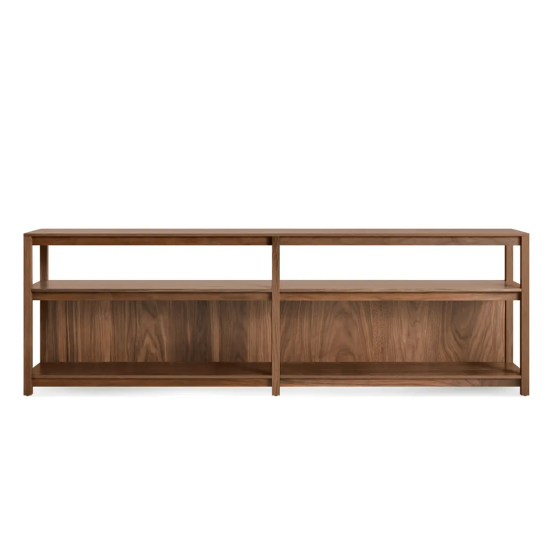 The Open Plan Long and Low Bookcase from Blu Dot in walnut.