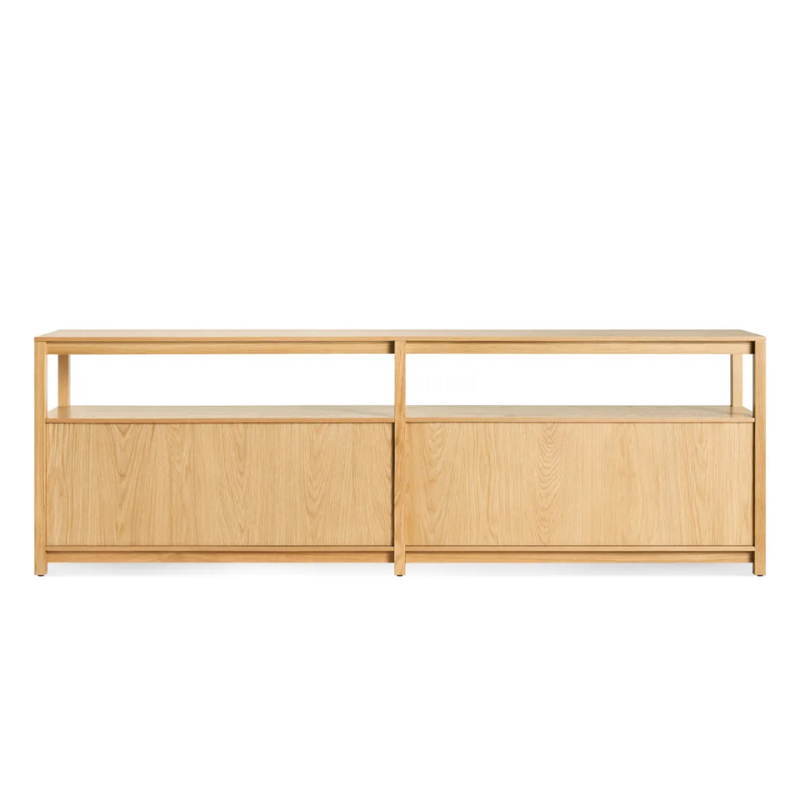 The Open Plan Long and Low Bookcase from Blu Dot in white oak from the back.