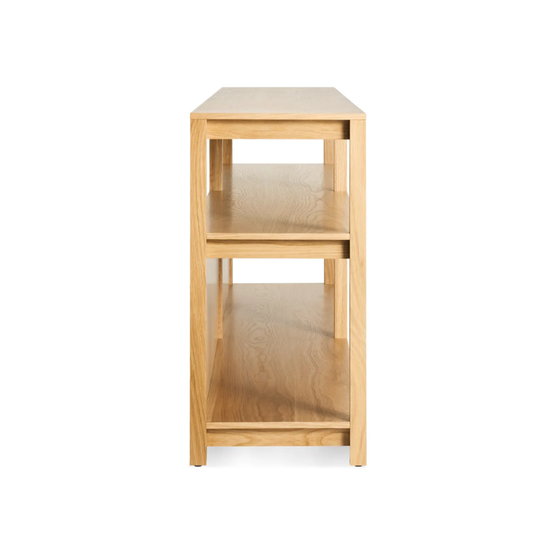 The Open Plan Long and Low Bookcase from Blu Dot in white oak from the side.