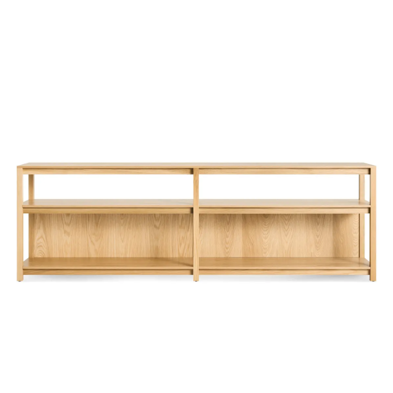 The Open Plan Long and Low Bookcase from Blu Dot in white oak.
