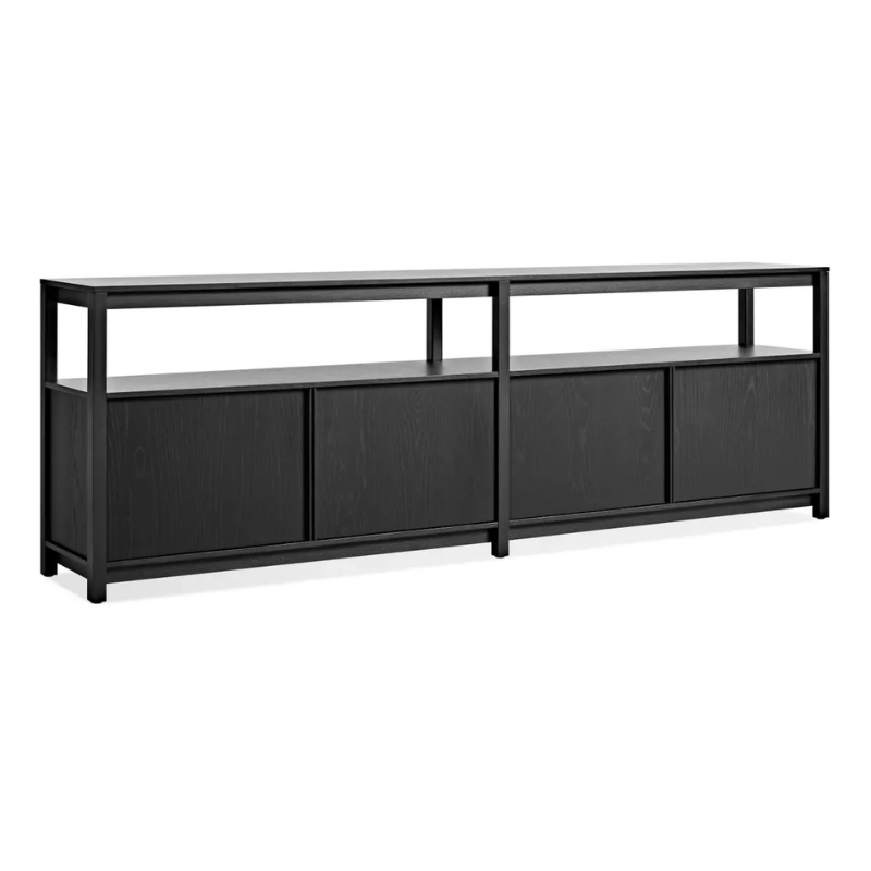 The Open Plan Long and Low Bookcase with Storage from Blu Dot in black on ash from an angle.