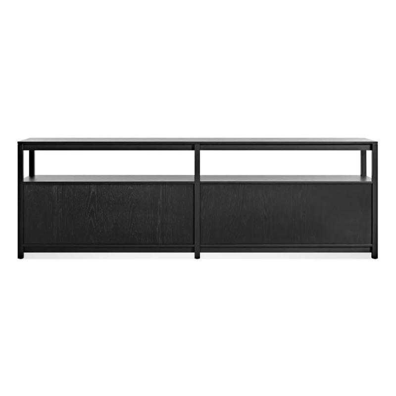 The Open Plan Long and Low Bookcase with Storage from Blu Dot in black on ash from the back.
