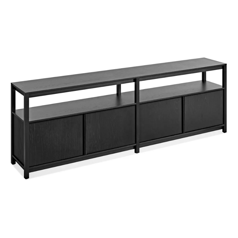 The Open Plan Long and Low Bookcase with Storage from Blu Dot in black on ash from a high angle.