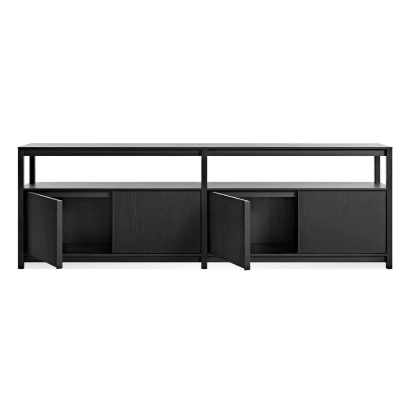 The Open Plan Long and Low Bookcase with Storage from Blu Dot in black on ash with open doors.