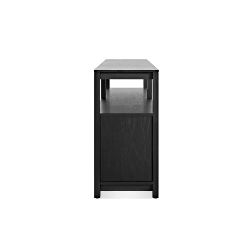 The Open Plan Long and Low Bookcase with Storage from Blu Dot in black on ash from the side.