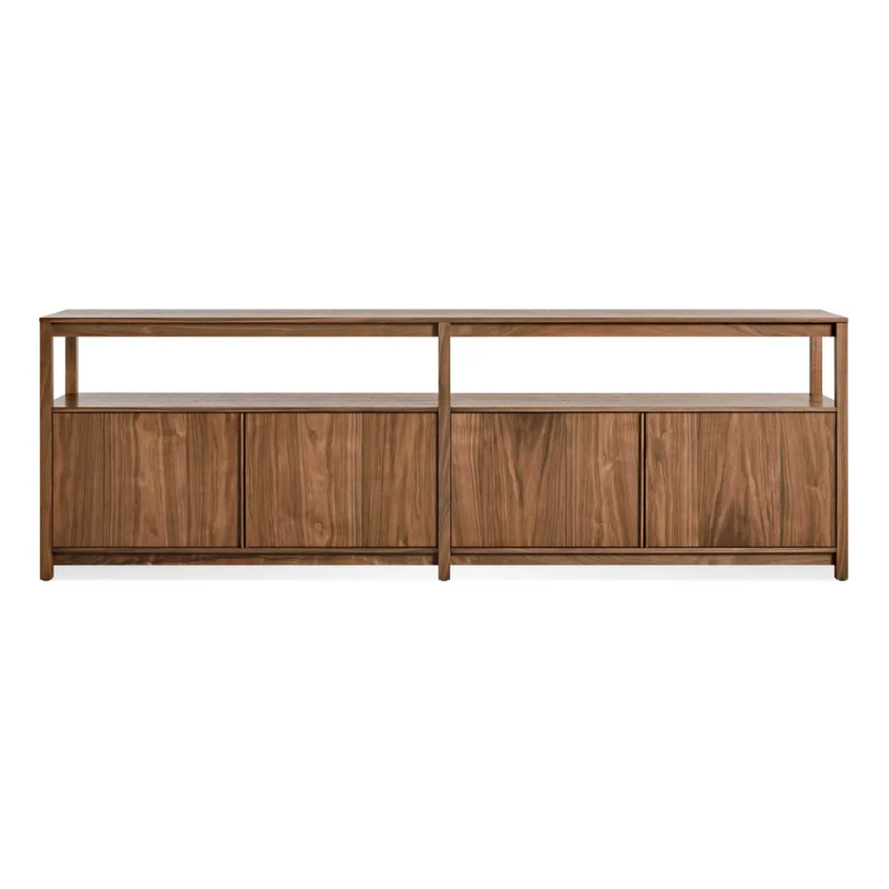 The Open Plan Long and Low Bookcase with Storage from Blu Dot in walnut.