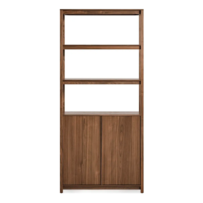 The Open Plan Tall Bookcase with Storage from Blu Dot in walnut.