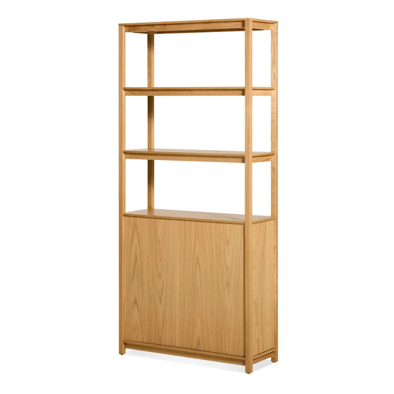 The Open Plan Tall Bookcase with Storage from Blu Dot in white oak from a the back at an angle.