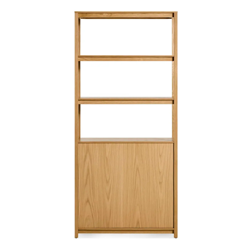 The Open Plan Tall Bookcase with Storage from Blu Dot in white oak from the back.