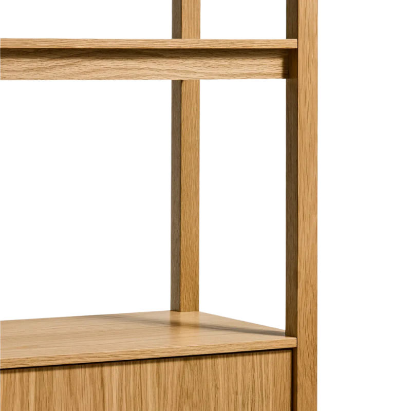 The Open Plan Tall Bookcase with Storage from Blu Dot in white oak in a close up.