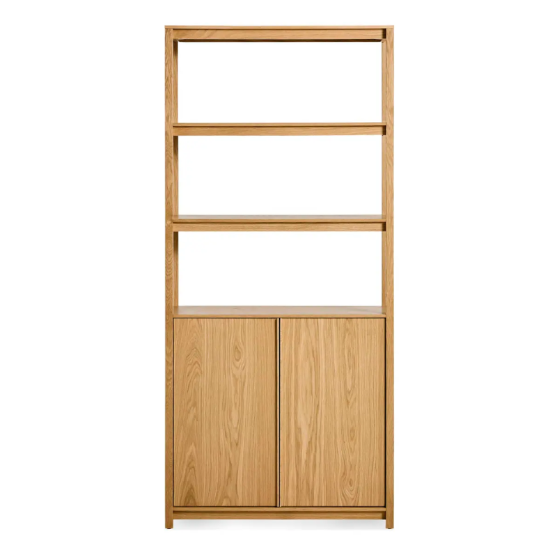 The Open Plan Tall Bookcase with Storage from Blu Dot in white oak.