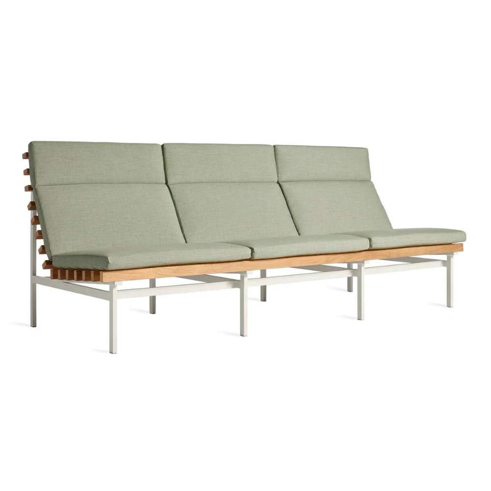 The sunbrella oasis Perch Outdoor 3 Seat Sofa with white frame from Bludot with a side angle.