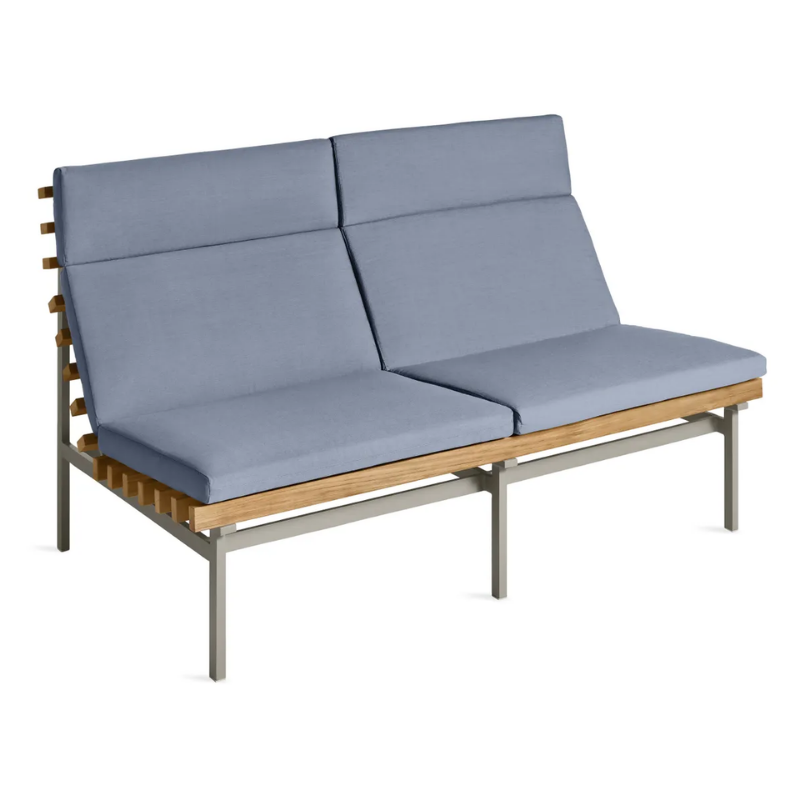 The Perch Outdoor 2 Seat Sofa from Blu Dot with charcoal frame and sunbrella haze upholstery from a high angle.