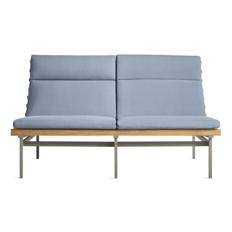 The Perch Outdoor 2 Seat Sofa from Blu Dot with charcoal frame and sunbrella haze upholstery.