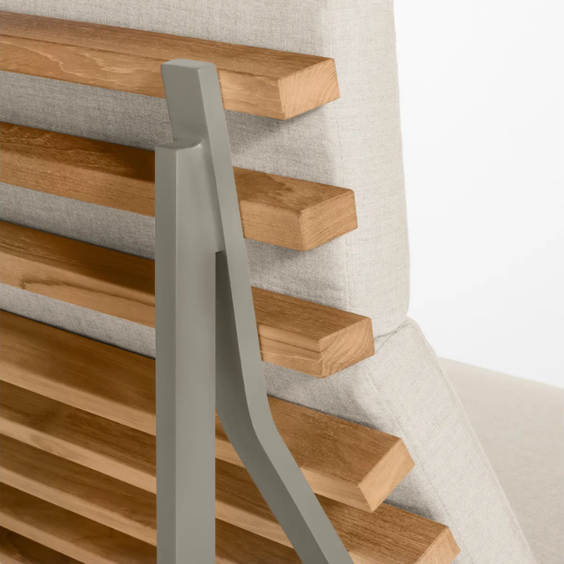 The Perch Outdoor 2 Seat Sofa from Blu Dot with charcoal frame and sunbrella linen upholstery close up.