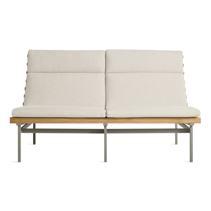 The Perch Outdoor 2 Seat Sofa from Blu Dot with charcoal frame and sunbrella linen upholstery.