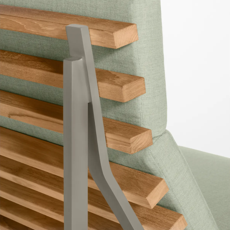 The Perch Outdoor 2 Seat Sofa from Blu Dot with carbon frame and sunbrella oasis upholstery close up.