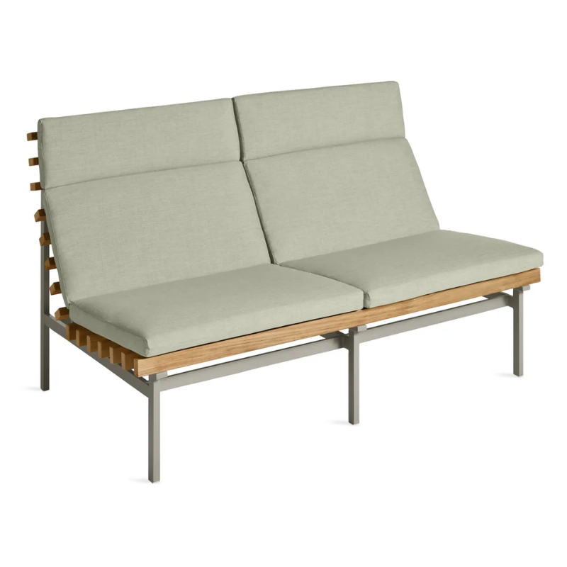 The Perch Outdoor 2 Seat Sofa from Blu Dot with carbon frame and sunbrella oasis upholstery from a high angle.