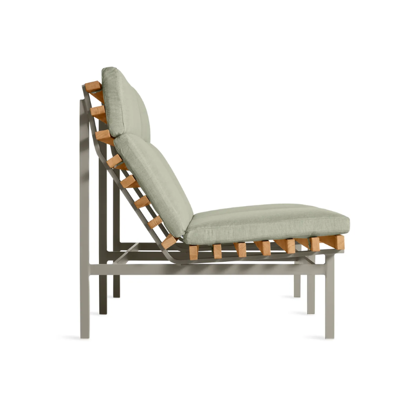 The Perch Outdoor 2 Seat Sofa from Blu Dot with carbon frame and sunbrella oasis upholstery from the side.