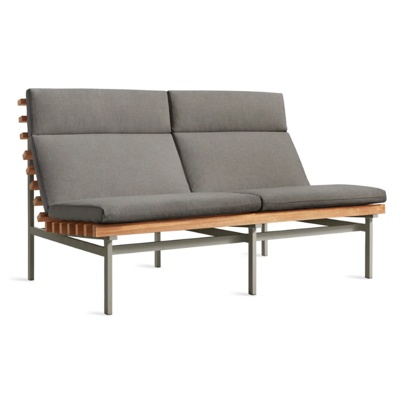 The Perch Outdoor 2 Seat Sofa from Blu Dot with carbon frame and toohey charcoal upholstery from an angle.