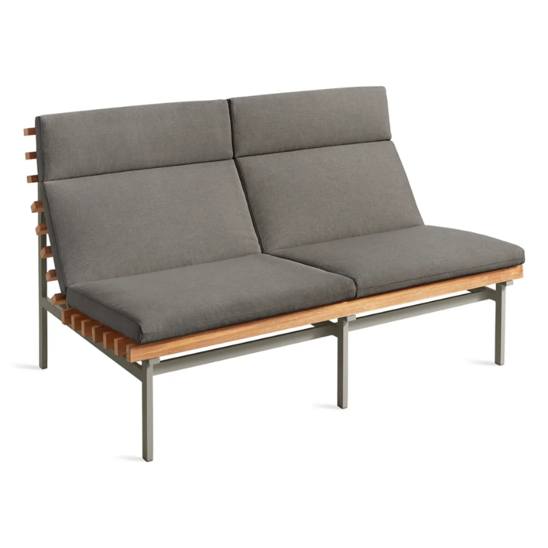 The Perch Outdoor 2 Seat Sofa from Blu Dot with carbon frame and toohey charcoal upholstery from a high angle.