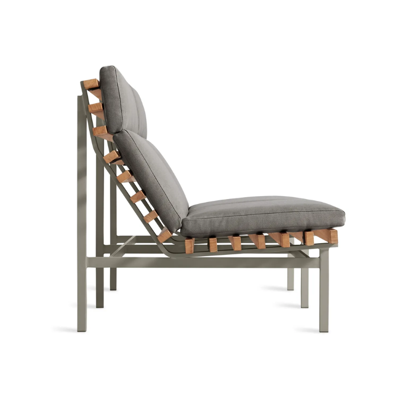 The Perch Outdoor 2 Seat Sofa from Blu Dot with carbon frame and toohey charcoal upholstery from the side.