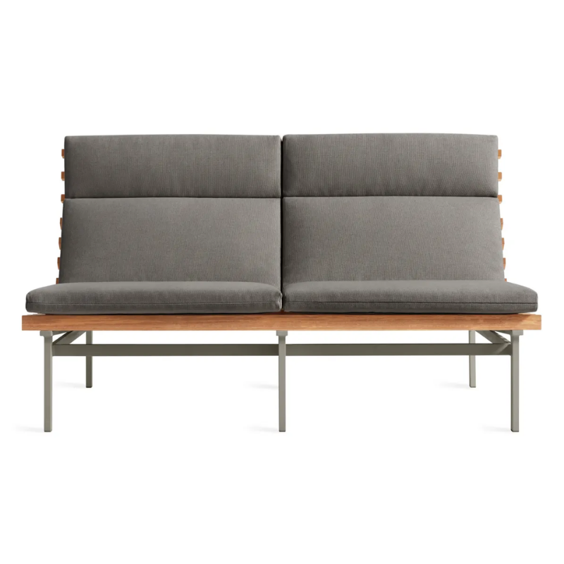The Perch Outdoor 2 Seat Sofa from Blu Dot with carbon frame and toohey charcoal upholstery.