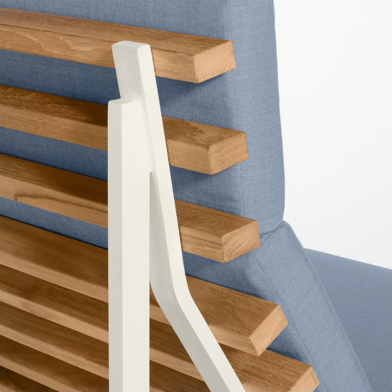 The Perch Outdoor 2 Seat Sofa from Blu Dot with white frame and sunbrella haze upholstery close up.