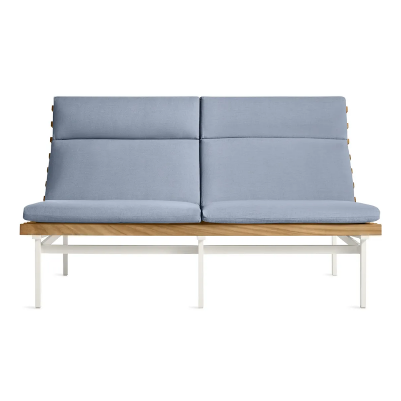 The Perch Outdoor 2 Seat Sofa from Blu Dot with white frame and sunbrella haze upholstery.