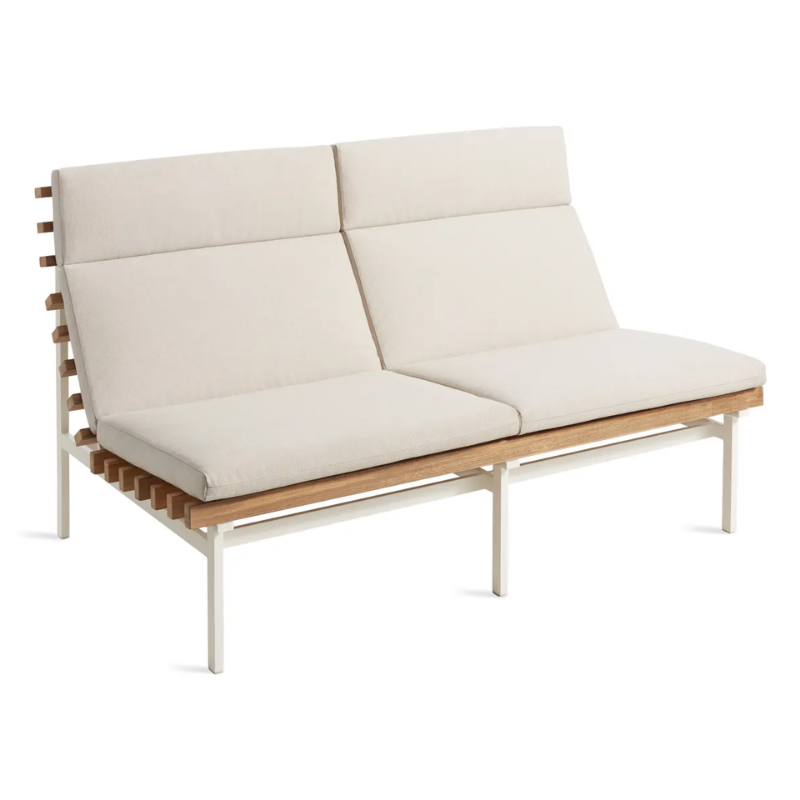 The Perch Outdoor 2 Seat Sofa from Blu Dot with white frame and sunbrella linen upholstery from a high angle.