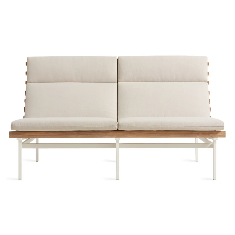 The Perch Outdoor 2 Seat Sofa from Blu Dot with white frame and sunbrella linen upholstery.